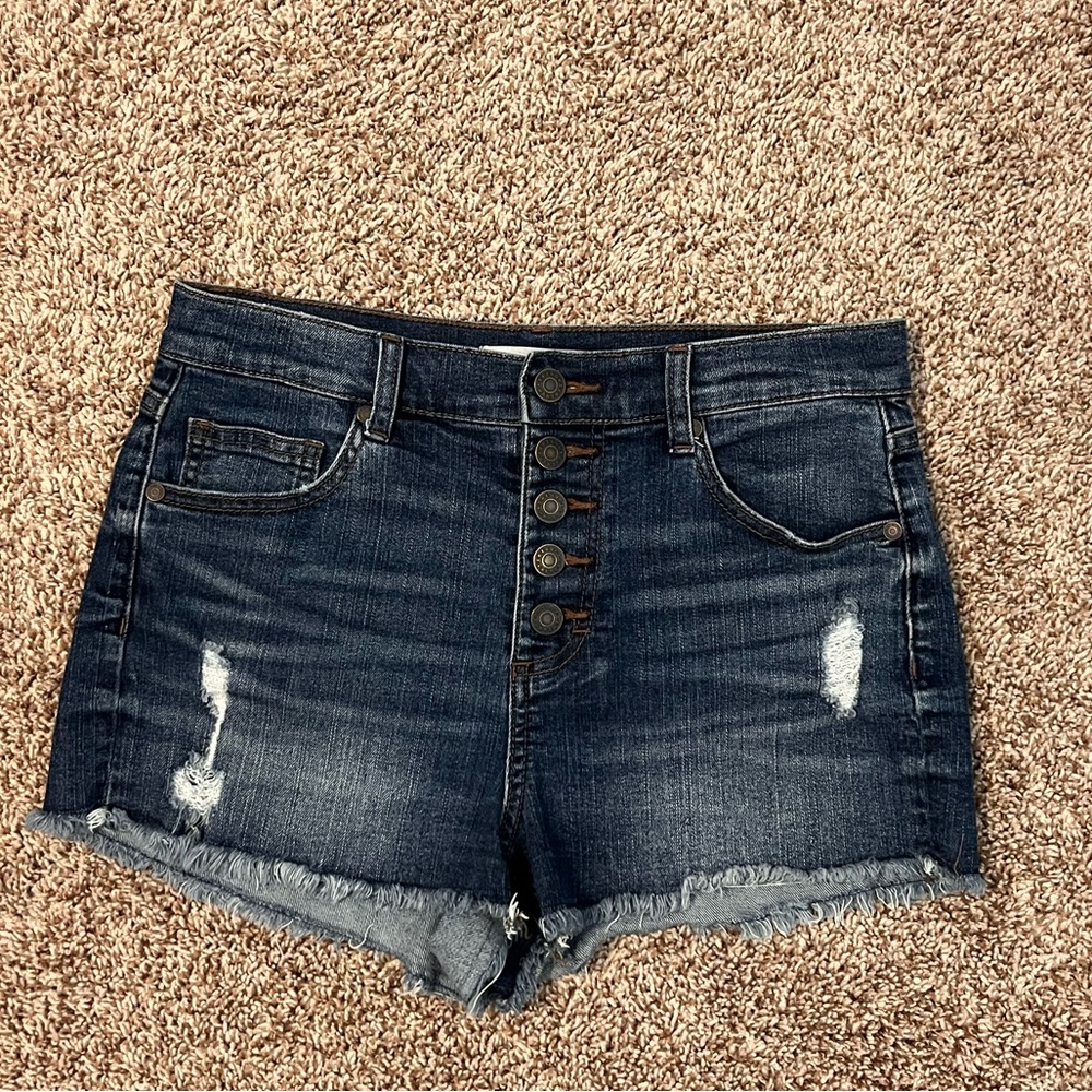 Only worn a couple of times. Dark blue, and a few rips.